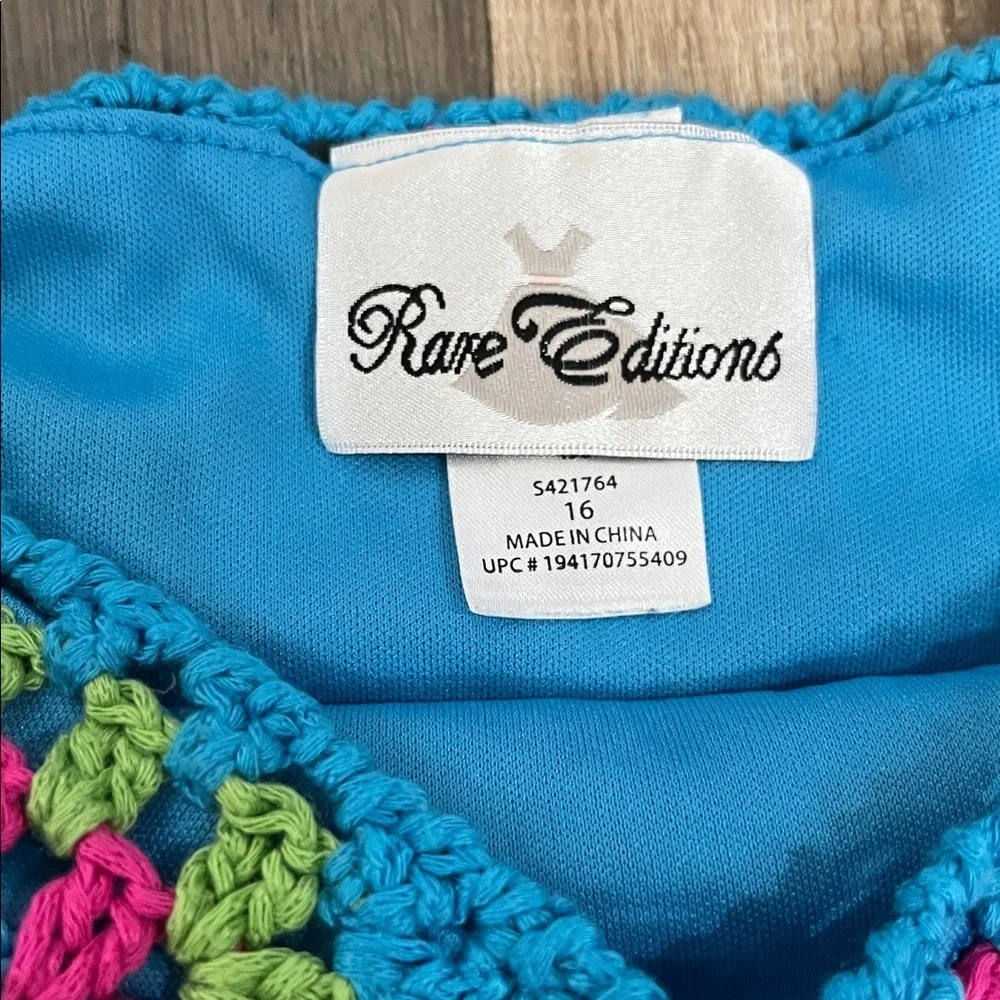 Rare Editions Youth Girls Blue Multi Color Crochet Tank Top Sz 16 GrannyCore